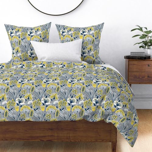 Scandi Spring - Navy, Yellow on Gray