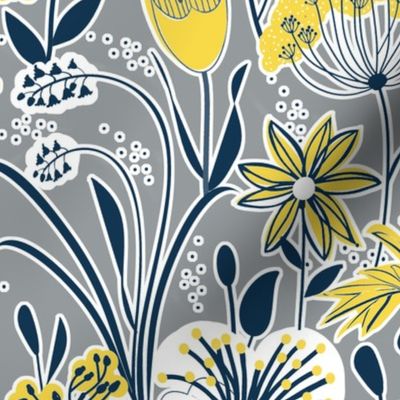 Scandi Spring - Navy, Yellow on Gray