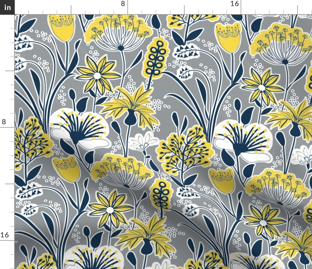 Scandi Spring - Navy, Yellow on Gray