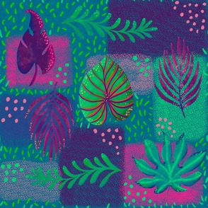 Tropical leaves faux patchwork  brightly coloured in teal, turquoise, pink and purple on a subtle patchwork with mark making medium