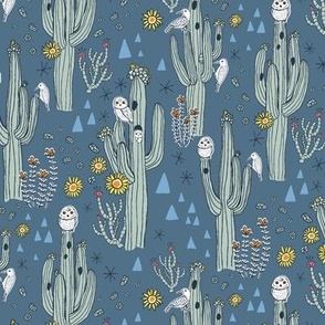 Home on the Saguaro, Owls and Cactus Desert pattern, Dark