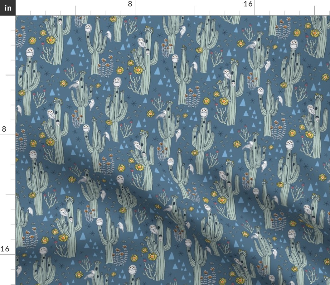 Home on the Saguaro, Owls and Cactus Desert pattern, Dark