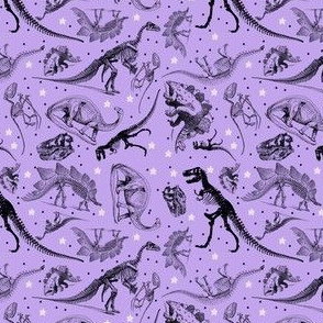 Dinosaur Skeletons and Illustrations on Lavender Purple Star Background