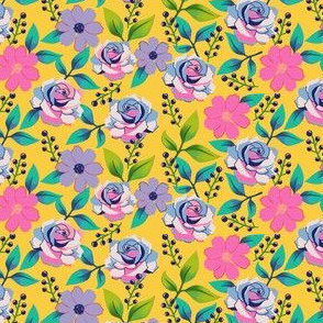 Pink and Purple Florals on Yellow