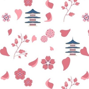 Cherry blossoms and peacock blue roof pagodas