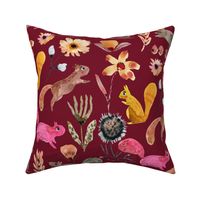 Squirrel watercolor florals Burgundy