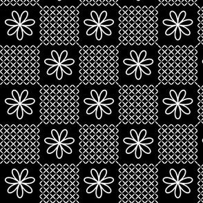 Checked in a Black and White with Flowers and Ovals