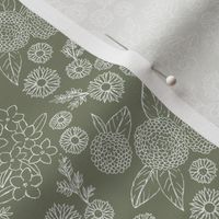 Little sketched wild flowers outline garden boho daffodil daisies and hydrangea flowers and leaves spring nursery camo olive green white SMALL