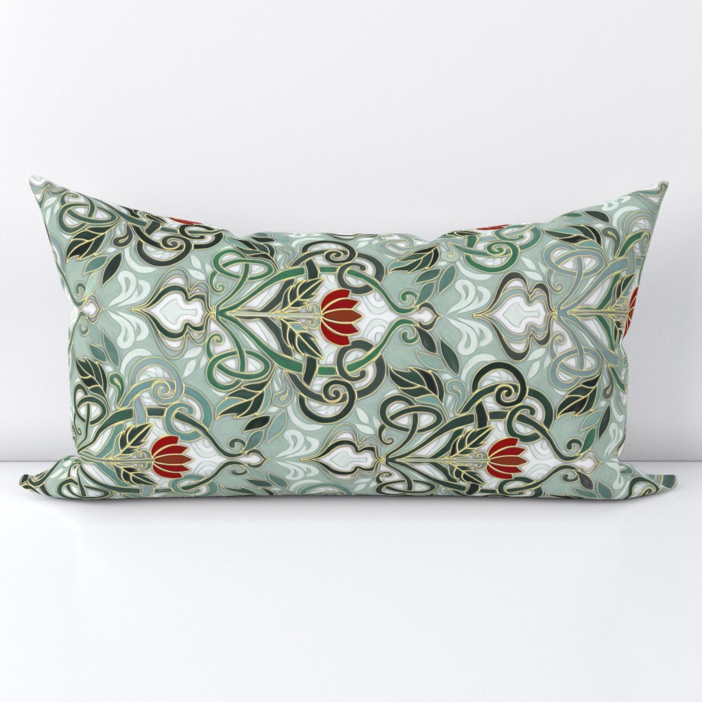 Rotated Sage Green Art Nouveau Pattern with Deep Red Flowers - custom colorway