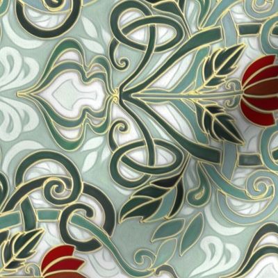 Rotated Sage Green Art Nouveau Pattern with Deep Red Flowers - custom colorway