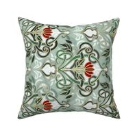 Rotated Sage Green Art Nouveau Pattern with Deep Red Flowers - custom colorway