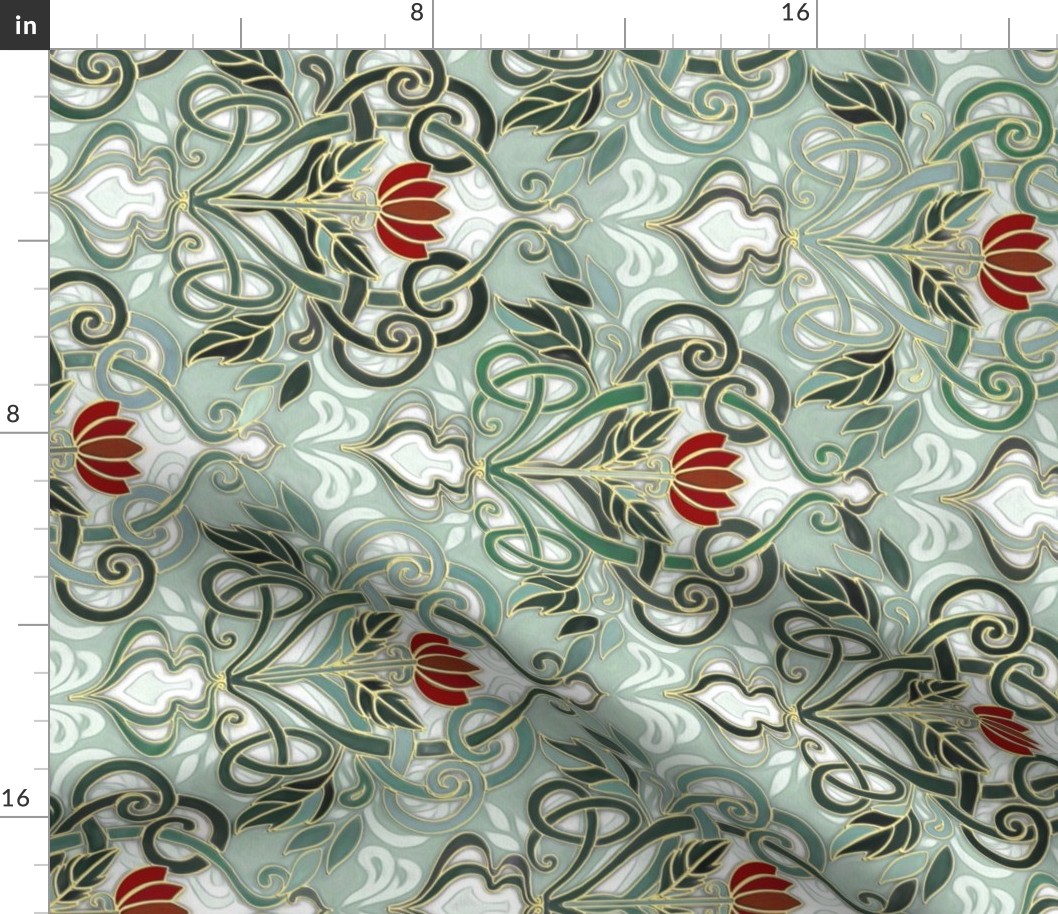 Rotated Sage Green Art Nouveau Pattern with Deep Red Flowers - custom colorway