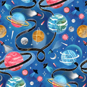 Highway to Intergalactic Adventures - Cerulean Blue, Pink & Mustard Yellow - Large Scale