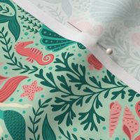 Mermaid Damask | Small Scale | Teal & Coral Mermaids