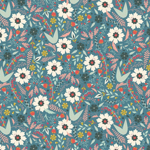 Folk Wildflowers Teal by DEINKI (Medium Scale)