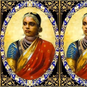 red sari Indian lady woman south Asian Desi brown beautiful traditional dress cultural saree shari blue gold frame filigree embroidery headdress necklace half body portraits princess queen  