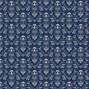 Mushrooms forest damask navy blue beige mushrooms small mask scale 