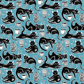 Black Cats & Coffee on Light Blue  - Small Scale