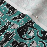 Black Cats & Coffee on Teal - Small Scale
