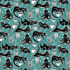Black Cats & Coffee on Teal - Small Scale