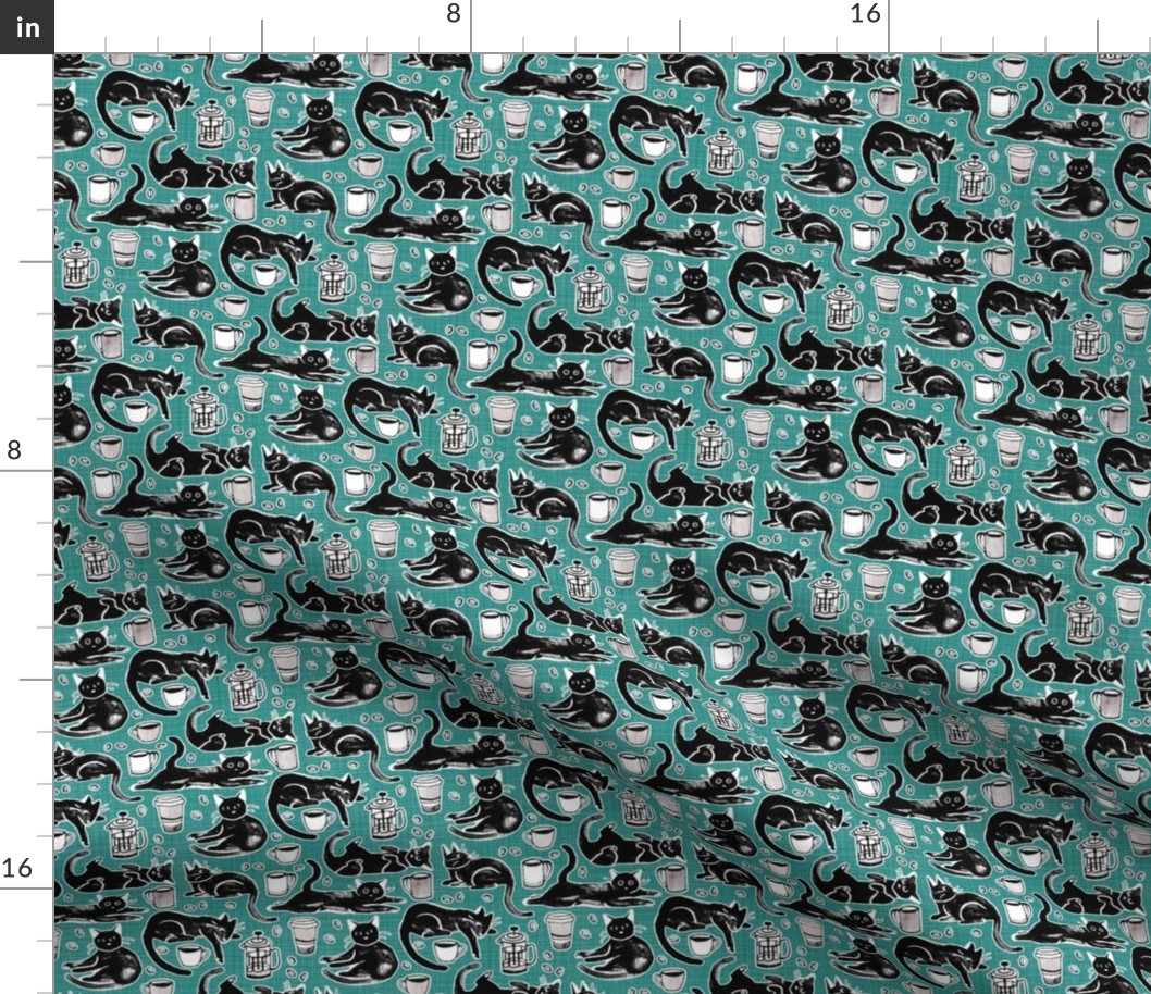 Black Cats & Coffee on Teal - Small Scale