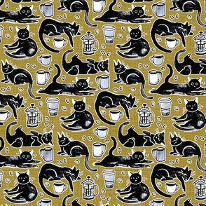 Black Cats & Coffee on Mustard - Small Scale