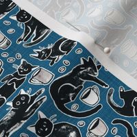 Black Cats & Coffee on Navy Blue - Small Scale