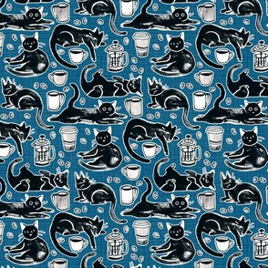 Black Cats & Coffee on Navy Blue - Small Scale