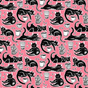 Black Cats & Coffee on Strawberry Pink - Small Scale