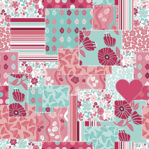 Modern Crazy Patch Quilt-Pink plus Aqua 2.0-Cerise Palette