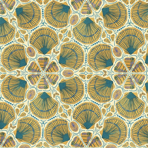 Golden Seashells with Teal on Pale Yellow