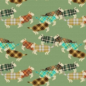 Plaid Sheep Jumping on Green