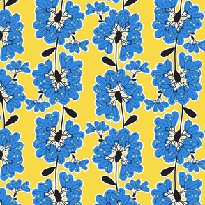 Scandi Flower Vines - Blue- Navy on Yellow 