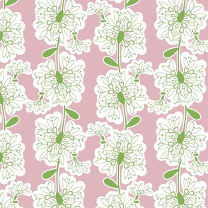Scandi Flower Vines – Green-White on Pink 