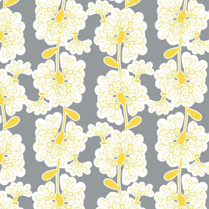 Scandi Flower Vines  - White-Yellow on Gray