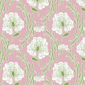 Scandi Field Flowers - Green-White on Pink 