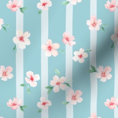 Cherry Blossoms stripes in aqua blue