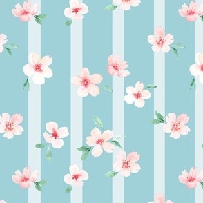 Cherry Blossoms stripes in aqua blue