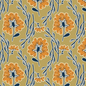 Scandi Field Flowers - Navy-Orange on Gold