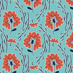 Scandi Field Flowers -Coral-Navy on Blue-Aqua