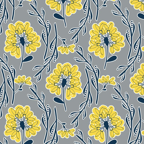 Scandi Field Flowers - Yellow-Navy on Gray