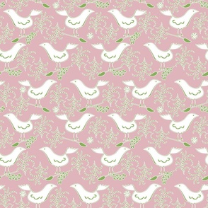 This way and That- Birds and Fleurs- White and Green on Pink 