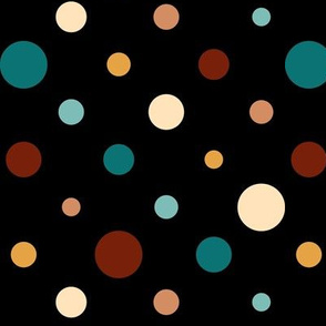 Fading Sun - Polka Dots - Autumn - Teal-Tumeric Gold-Chili Pepper Red on a black background
