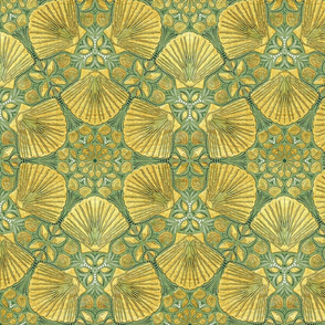 Golden Seashells Floral on Green