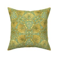 Golden Seashells Floral on Green 2