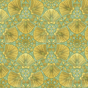 Golden Seashells Floral on Green 2