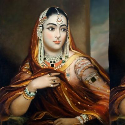 1 Indian lady woman south Asian Desi brown beautiful traditional dress cultural orange sari saree shari veil pearls headdress necklace princess queen  chains bracelets half body portraits historical