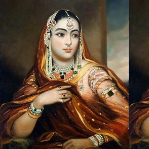 1 Indian lady woman south Asian Desi brown beautiful traditional dress cultural orange sari saree shari veil pearls headdress necklace princess queen  chains bracelets half body portraits historical