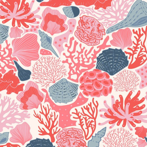 Shell Reef- Seashells on the ocean floor- Light Cyan Blue Stormy Sea Blue shells in Coral Pink Cotton Candy Reef on Seashell White- Large Scale