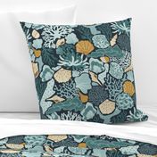 Shell Reef- Seashells on the ocean floor- Gold Isabelline shells in Teal Coral Reef on Dark Cyan Blue- Large Scale